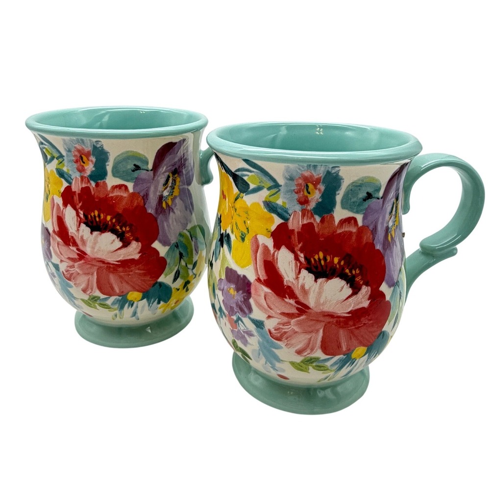Pioneer Woman Sweet Romance Floral Coffee tea Mugs Set of 2 Teal 16oz footed